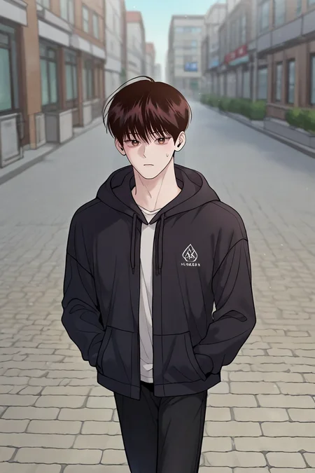 score_9, score_8_up, score_7_up,score_6_up,score_5_up,score_4_up,source_anime,BREAK, rating_safe, intricate details , , , anime screencap, anime coloring, official style, depth of field,1boy, solo, male focus , , , <lora:yo_il:0.98>,won yo il,dark brown hair,brown eyes,short hair,shirt, long sleeves, closed mouth, standing,white shirt, full body, pants, hood, sweatdrop, open hoodie, hoodie, black pants, hood down, hooded, hands in pockets,walking, black hoodie,outdoors,city,day,looking at viewer,from above , , , <lora:sdxl_lightning_8step_lora_315544:1>