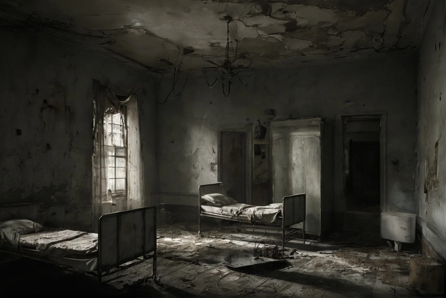 /imagine prompt:,
A gloomy and terrifying abandoned hospital ward. The room is dimly lit with flickering overhead lights,casting eerie shadows on the cracked walls. Rusty medical equipment lies scattered around,covered in dust and cobwebs. The beds are unmade,their sheets disheveled,and the curtains are torn and hanging in tatters. Broken windows let in a faint,chilling breeze that carries a sense of unease. The silence is broken only by the occasional creaking of the floorboards and the distant sound of dripping water. The atmosphere is heavy with a feeling of dread and mystery,as if the room still holds the haunting memories of its past.,<lora:gloomyXL:0.7>,