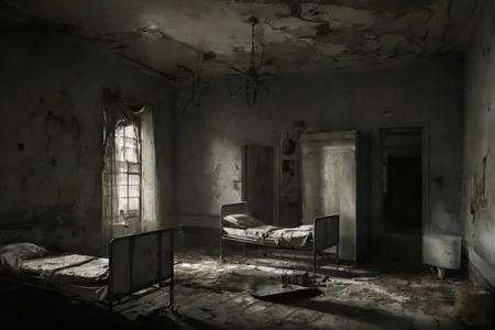 /imagine prompt:,
A gloomy and terrifying abandoned hospital ward. The room is dimly lit with flickering overhead lights,casting eerie shadows on the cracked walls. Rusty medical equipment lies scattered around,covered in dust and cobwebs. The beds are unmade,their sheets disheveled,and the curtains are torn and hanging in tatters. Broken windows let in a faint,chilling breeze that carries a sense of unease. The silence is broken only by the occasional creaking of the floorboards and the distant sound of dripping water. The atmosphere is heavy with a feeling of dread and mystery,as if the room still holds the haunting memories of its past.,<lora:gloomyXL:0.7>,