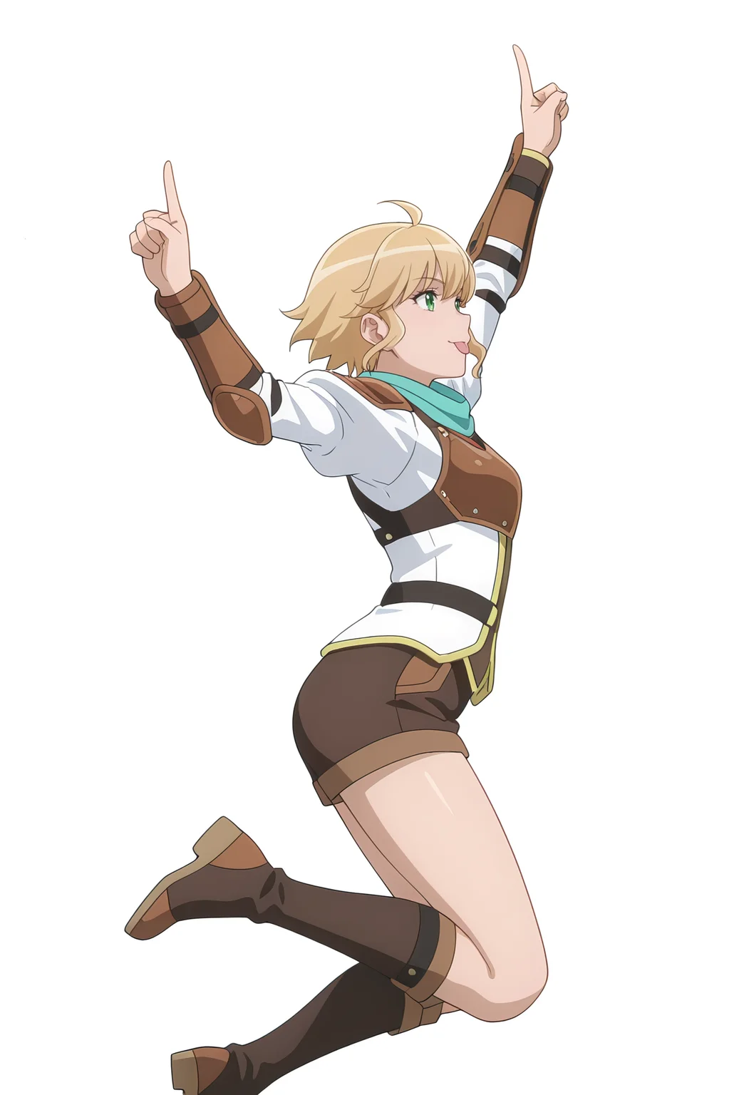 Smooth Quality,masterpiece,very intricate, high quality details, ultra realistic, high detailed skin,
simple background, white background,
from side,:p,index finger raised,jumping pose, arms spread wide, legs bent mid-air, joyful expression, dynamic energy, ,
<lora:Rembrandt_Yunocnn:1> rembrandtyuno/cnn, blonde hair, solo, green eyes, armor, 1girl, uniform, shorts,boots,