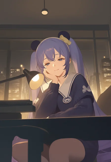 (1girl),(solo),xiangwan\(asoul\),blue eyes,twintails,purple hair, very long hair,hair ornament,drill hair,gradient hair,xiangwanpaja,sweater,white cropped jacket, dark blue dress,fake animal ears,hairband,hair ornament,short over long sleeves,
zhibuji loom,(rei \(sanbonzakura\):1.1025),( kinta \(distortion\):1.1025),(wang xi:1.1576)
sleepy,sitting at desk,bedroom,desk lamp,floor to ceiling window,large_view,street lights,cityscape,(dim lighting),(warm light:1.2),(low angle),soft expression,tired eyes,indoor,window view,(night:1.15),(dark theme),cozy,(soft focus),(warm theme),desk items,(lamp glow),(ambient light),gentle smile,subtle yawn,(quiet atmosphere:1.1),dim walls,(calm vibe),(peaceful mood),(serene ambience),(detailed furniture),(low contrast),(focused face),(charming),(natural light),(subtle brightness:0.8),gentle mood,soft shadow,(beautiful details),best quality,lifelike,detailed background,peaceful atmosphere,
masterpiece,best quality,very aesthetic,absurdres,newest,masterpiece,best quality,year 2024,newest,highres,absurdres,,