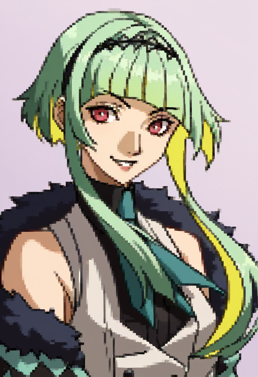 score_9, score_8_up, score_7_up, source_anime, BREAK ,solo, 1girl, <lora:P2-Protraits-pdxl_Fp:1>, portrait, simple background, <lora:Ringo-pdxl_Fp:1>, ringosh2, short hair with long locks, green hair, multicolored hair, red eyes, hairband, white vest, necktie, smile, shirt, sleeveless, collared shirt, jacket, cropped jacket, fur trim,