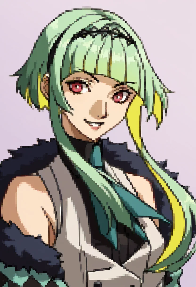 score_9, score_8_up, score_7_up, source_anime, BREAK ,solo, 1girl, <lora:P2-Protraits-pdxl_Fp:1>, portrait, simple background, <lora:Ringo-pdxl_Fp:1>, ringosh2, short hair with long locks, green hair, multicolored hair, red eyes, hairband, white vest, necktie, smile, shirt, sleeveless, collared shirt, jacket, cropped jacket, fur trim,