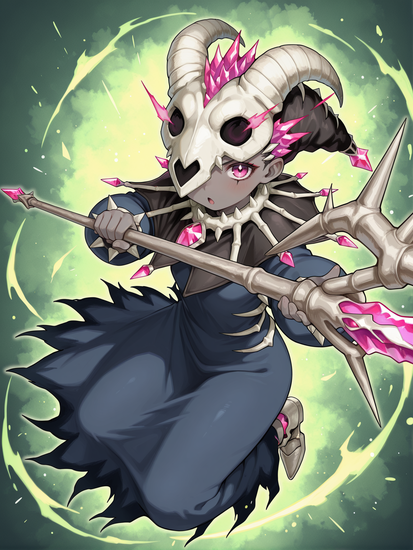 mementotlan mace, 1girl, solo, fighting stance, open mouth, looking at viewer, staff, holding staff, full body, green background, grey skin, blue dress, animal skull mask, black capelet, green theme, one eye covered,
masterpiece,best quality,amazing quality,very aesthetic,absurdres,newest,<lora:Mementotlan Angwitch & Mace illusXL v1.1:0.75>,