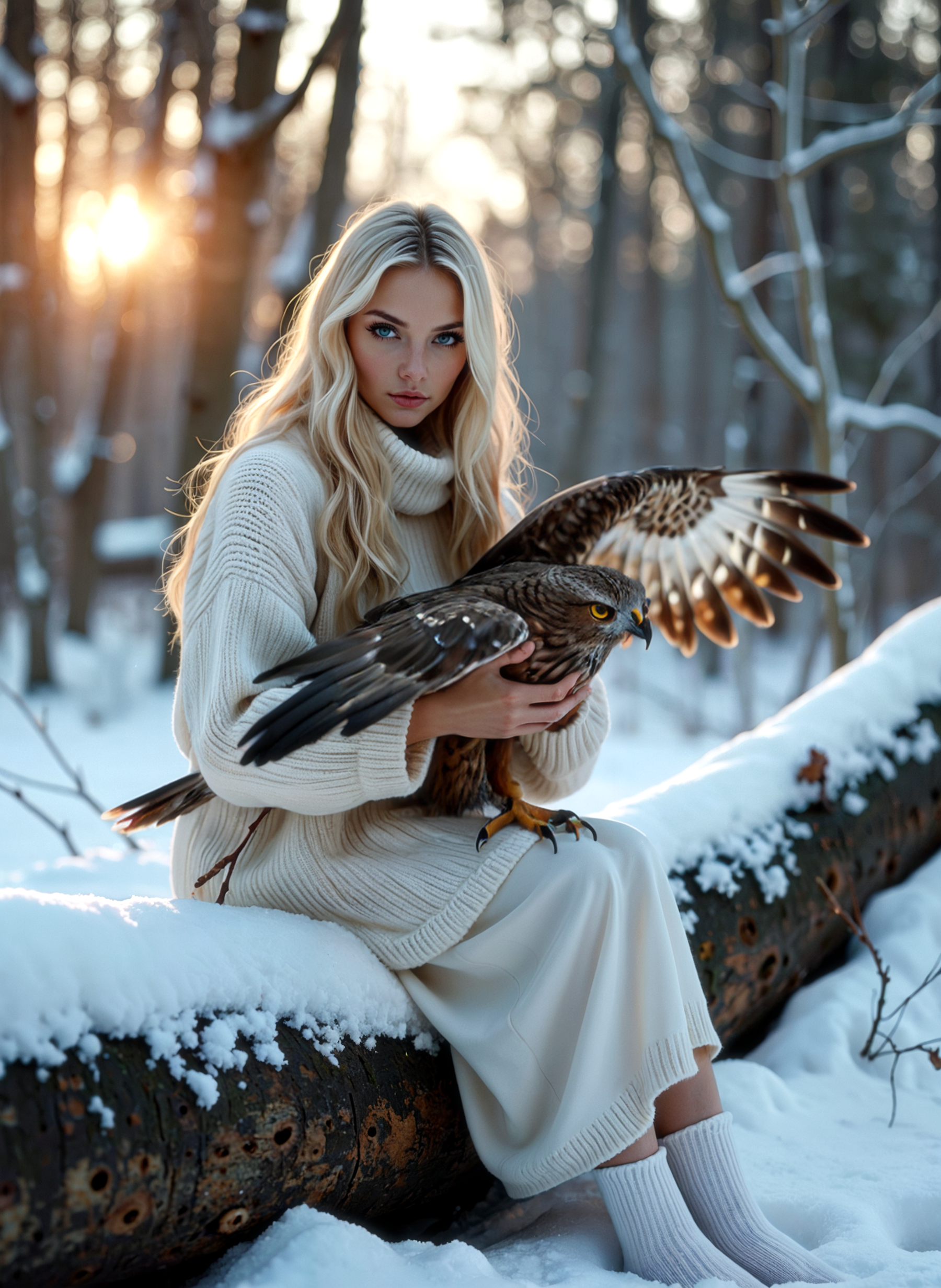 This photograph captures a young woman sitting on a tree stump in a snowy forest. She is wearing a white sweater and white socks, and her long blonde hair is styled in loose waves. The woman is holding a hawk with its wings spread wide, as if it is about to take flight. The hawk is perched on the woman's lap and is looking directly at the camera. The background is filled with trees covered in snow, and the sun is shining through the trees, creating a warm glow. The overall mood of the image is peaceful and serene. The overall mood of the image is peaceful and serene. <lora:add-detail-xl:.5>  <lora:Flux-style-xl-lora:.5>