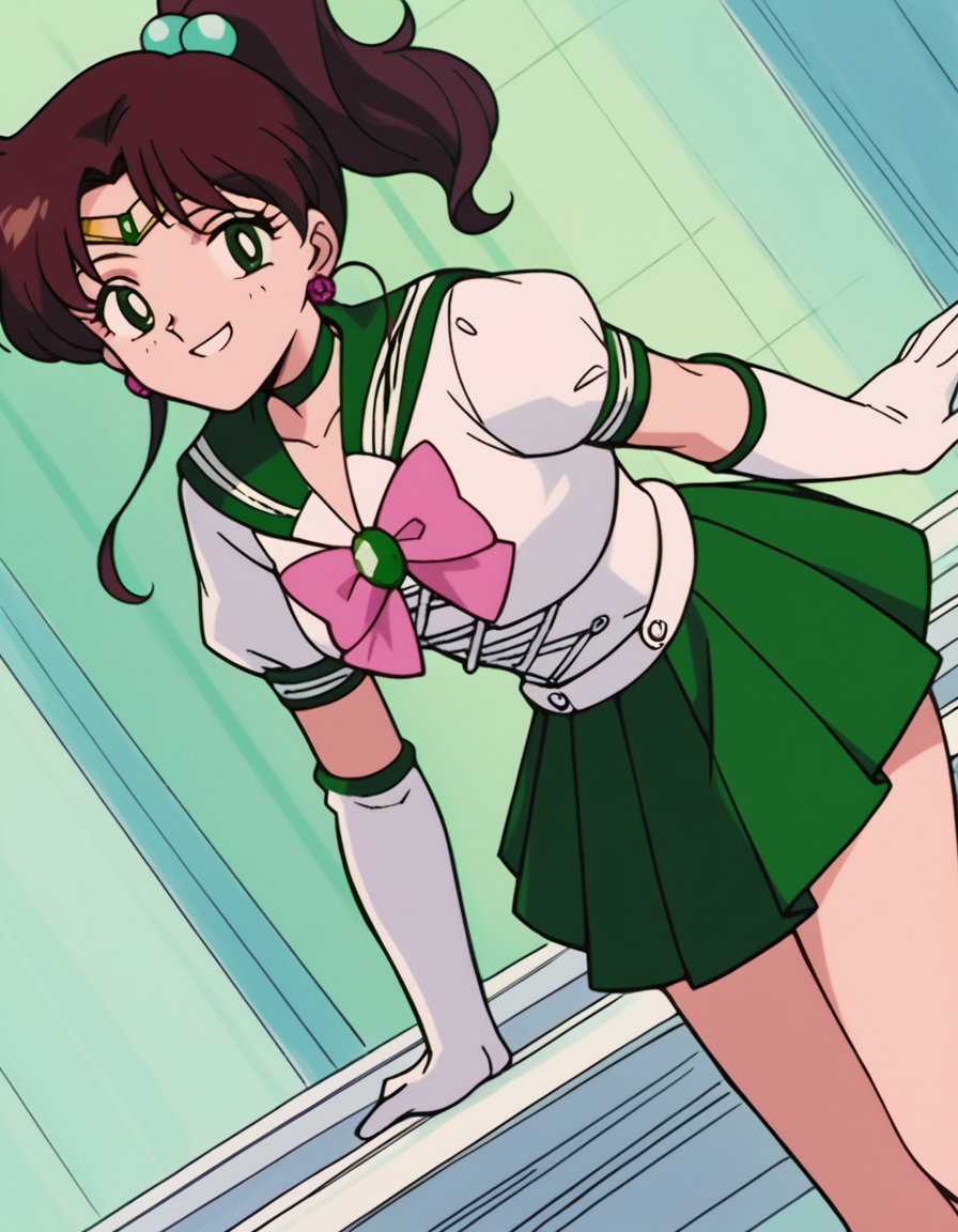 score_9, score_8_up, score_7_up, source_anime, <lora:makoto-kino-s3-ponyxl-lora-nochekaiser:1>, makoto kino, brown hair, circlet, green eyes, hair bobbles, hair ornament, medium hair, ponytail, sidelocks, parted bangs,, back bow, bow, bowtie, brooch, choker, earrings, elbow gloves, flower earrings, gem, gloves, green choker, green gemstone, green sailor collar, green skirt, jewelry, miniskirt, pink bow, pink bowtie, pleated skirt, sailor collar, shirt, short sleeves, sidelocks, skirt, white gloves, white shirt,, indoors, bent over, smile, smug, looking at viewer, solo,, cowboy shot, dutch angle