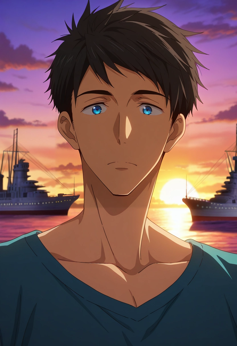masterpiece, best quality, , anime screencap, , , , 1boy, solo, male focus, <lora:sousuke_yamazaki_ilxl:0.94>, sousuke_yamazaki, black hair, blue eyes, short hair, sky port, airship docks, cloud sea, loading areas, watching ships, curious expression, sunset, indian costume