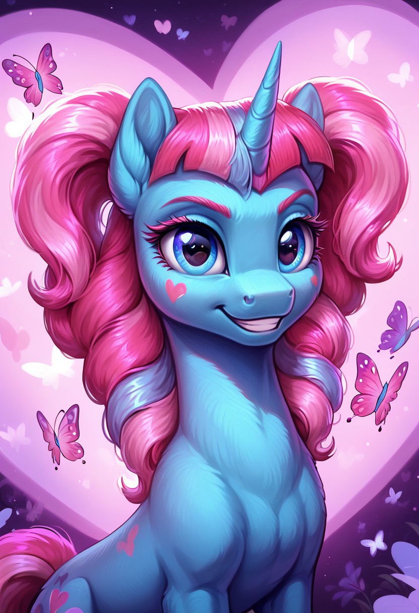 masterpiece, score_9, score_8_up, score_7_up, score_6_up, (best quality:1.1), ultra-detailed, high resolution, (UNICORN PONY)), (SOLO), (1GIRL), (FERAL PONY), ((KIWI LOLLIPOP), (pony nuzzle), ((detailed pink hair with light pink and blue stripe:1.5)), (highly detailed pony face), (highly detailed eyelashes:1.5), (beautiful detailed blue eyes), (detailed blue fur:1.5), (smirking), ((highly detailed purple pink heart shaped stage  background:1.5)), (purple pink flowers:1.5), (pink purple stage lights:1.5), (purple pink butterflies:1.5), high quality, sharp, the quality of ai art is frightening, highly detailed, Highly Visible, sharp focus, high detail, detailed background,