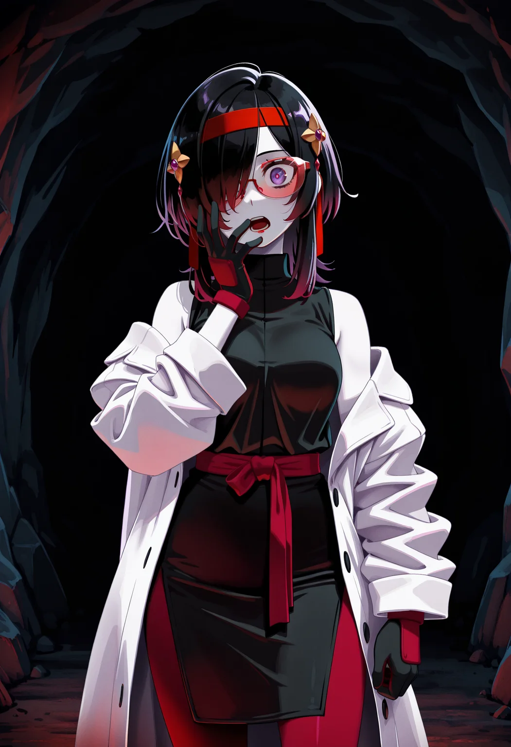 1girl, black hair, pale skin, purple eyes, hair over one eye, medium hair, medium breasts, red lipstick,
hair ornament, red headband, red glasses, sleeveless shirt, white coat, black skirt, red leggings, gloves, looking at viewer,
cave background, dark, scary,surprised, open mouth, eyes wide open, standing, cowboy shot, hand on face,
kunitarouartstyle, <lora:kunitarouartIL-style:1>