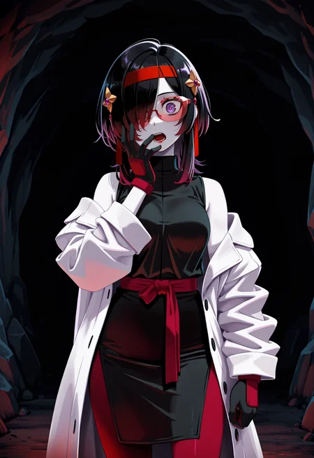 1girl, black hair, pale skin, purple eyes, hair over one eye, medium hair, medium breasts, red lipstick,
hair ornament, red headband, red glasses, sleeveless shirt, white coat, black skirt, red leggings, gloves, looking at viewer,
cave background, dark, scary,surprised, open mouth, eyes wide open, standing, cowboy shot, hand on face,
kunitarouartstyle, <lora:kunitarouartIL-style:1>