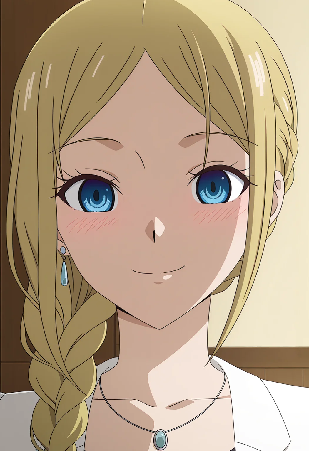 <lora:Ai HAYASAKA_illustrious-000018:1>,1girl,solo,
Ai HAYASAKA,solo,jewelry,smile,looking at viewer,braid,anime coloring,earrings,necklace,closed mouth,blush,portrait,single braid,indoors,side braid,parody,parted bangs,anime screencap,