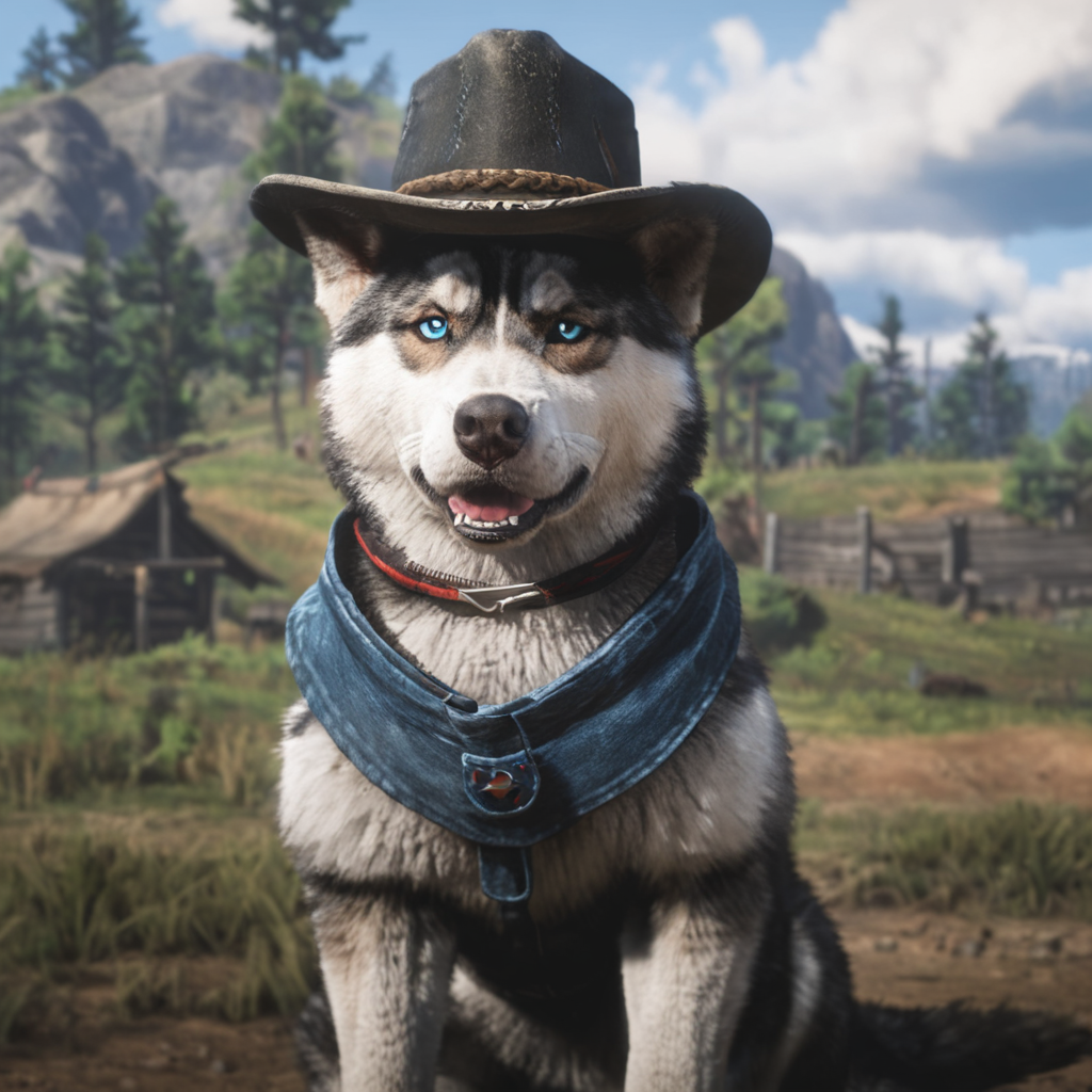 a husky wearing a cowboy hat, rdr2game style <lora:RDR2V1.2-000012:1>