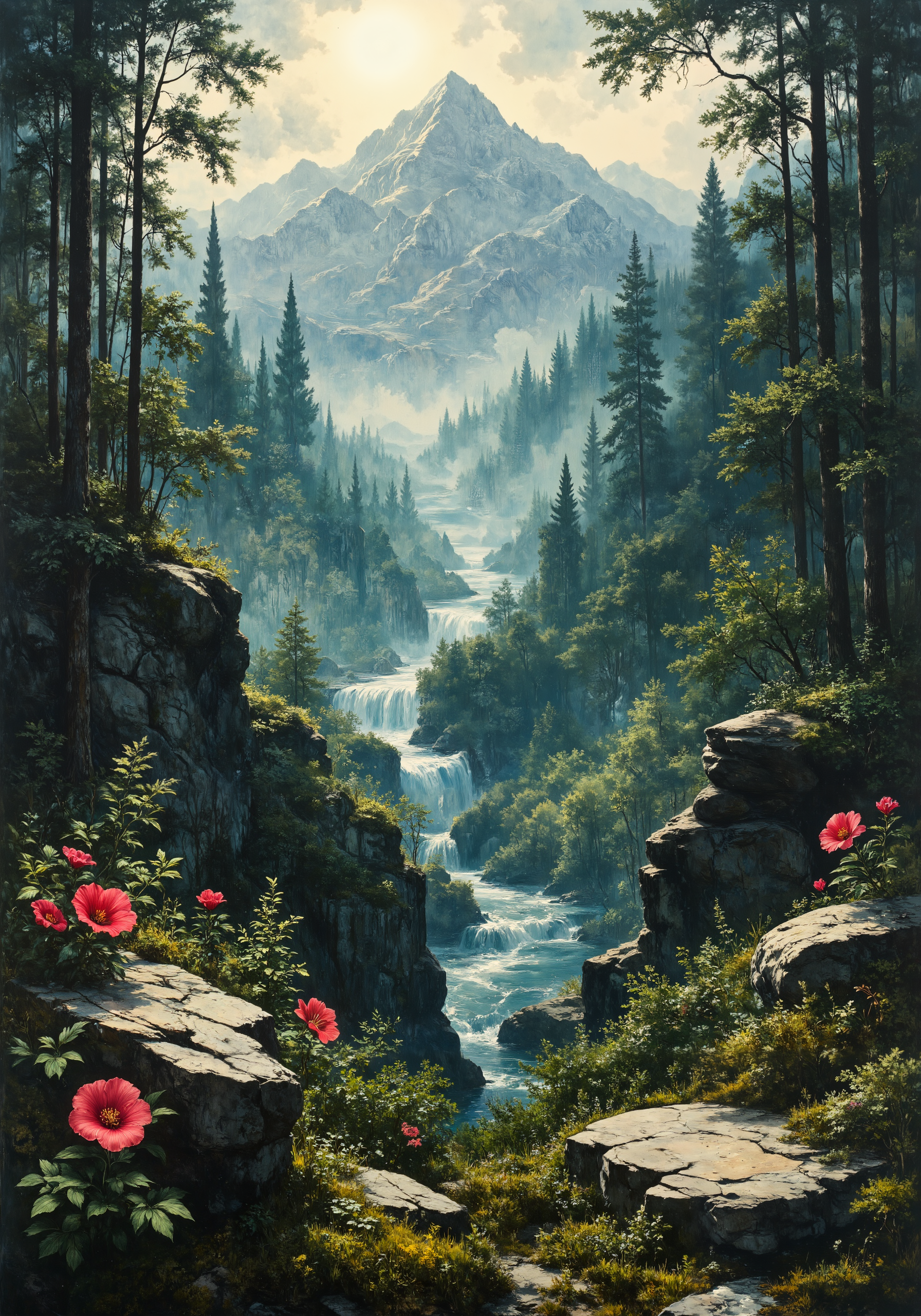 Sweeping aerial view, lush forest merging with rugged desert and majestic mountain range, accented by sparkling coastal shores and serene valley vistas; intricate natural textures, sumptuous foliage, dynamic lighting interplay, delicate dewdrops, and sun-kissed gradients; intimate close-ups showcasing vibrant flower petals, detailed bark, soft moss, and crystalline water reflections; dramatic low-angle perspectives alongside immersive eye-level tracking shots; atmospheric moods, vibrant color palettes, natural gradients, intricate spatial composition, 8k resolution, masterpiece quality, hyper-detailed, vivid natural artistry <lora:ArtNouveau2Flux:0.6> <lora:Organic Sauce - FLUX:0.5> <lora:Mezzotint_Artstyle_for_Flux_-_by_Ethanar:0.7> <lora:FluxDFaeTasticDetails:0.3> <lora:flux_dev:1>