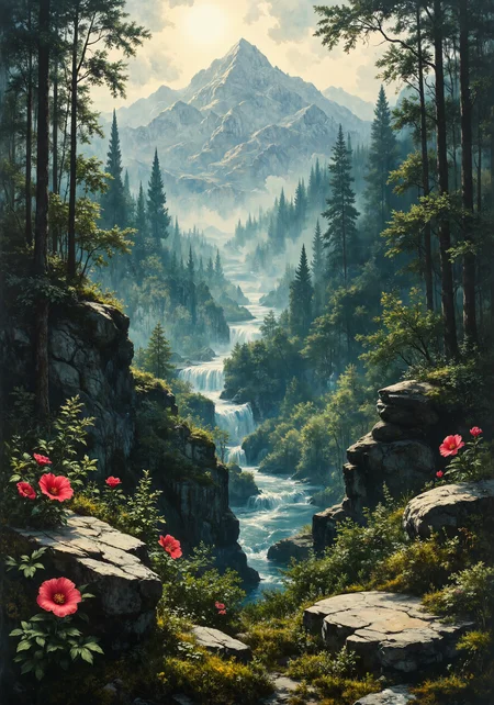 Sweeping aerial view, lush forest merging with rugged desert and majestic mountain range, accented by sparkling coastal shores and serene valley vistas; intricate natural textures, sumptuous foliage, dynamic lighting interplay, delicate dewdrops, and sun-kissed gradients; intimate close-ups showcasing vibrant flower petals, detailed bark, soft moss, and crystalline water reflections; dramatic low-angle perspectives alongside immersive eye-level tracking shots; atmospheric moods, vibrant color palettes, natural gradients, intricate spatial composition, 8k resolution, masterpiece quality, hyper-detailed, vivid natural artistry <lora:ArtNouveau2Flux:0.6> <lora:Organic Sauce - FLUX:0.5> <lora:Mezzotint_Artstyle_for_Flux_-_by_Ethanar:0.7> <lora:FluxDFaeTasticDetails:0.3> <lora:flux_dev:1>