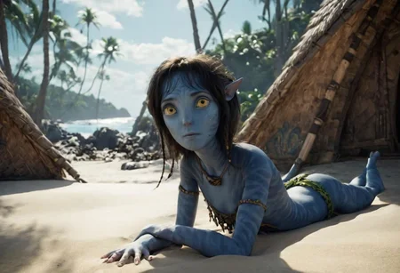 Kiri suntanning on stomach on beach sand, full body, [[closeup]], along, big eyes wide open, ((looking at viewer)), seaside, tribal huts and trees and ((sea with (high surf))) on background, symmetrical eyes, symmetrical pupils, SK_CINEMATIC