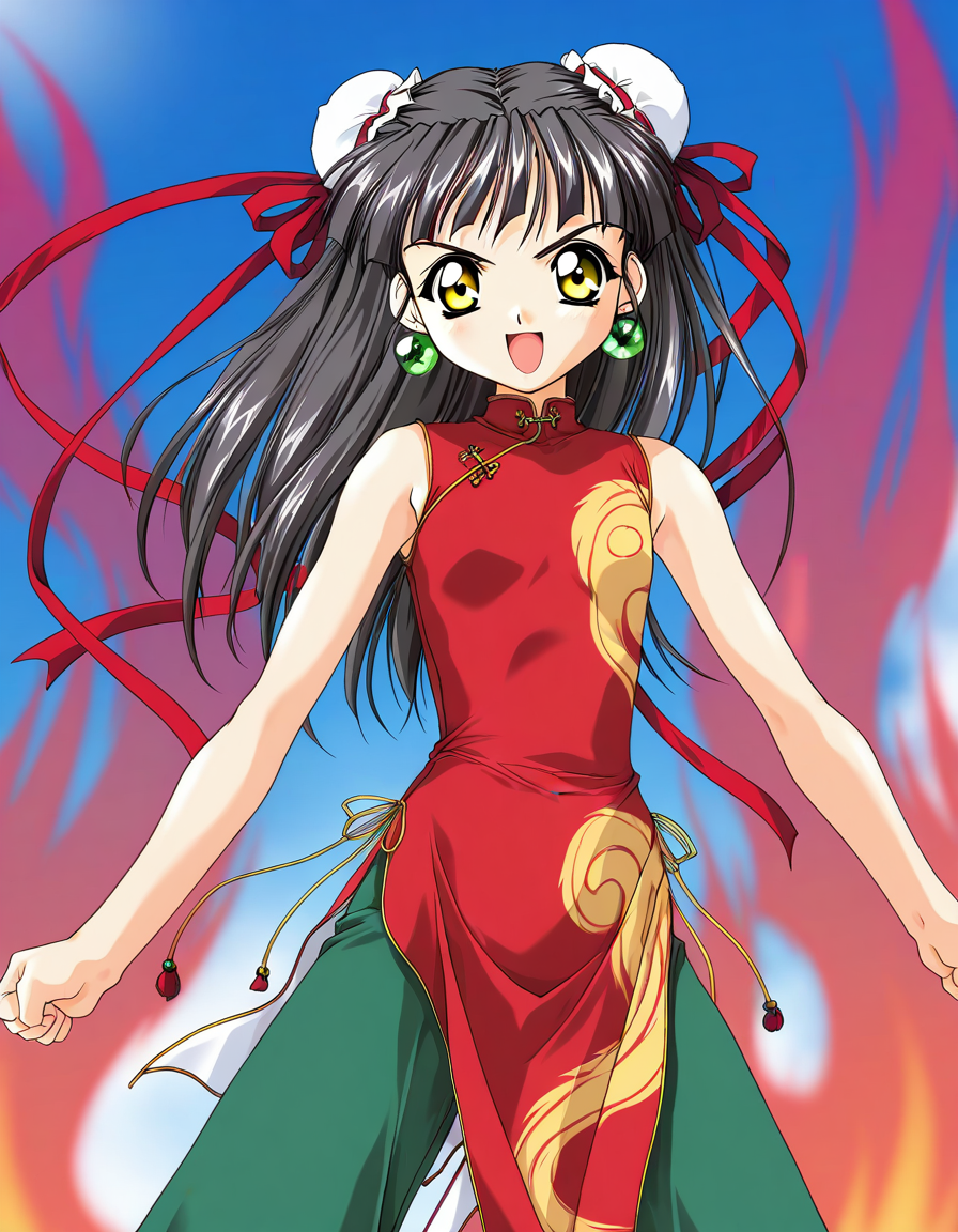 masterpiece, best quality, good quality, <lora:Kounyan_Spiral_NAMI_IS:1>Kounyan, black hair, long hair, double bun, hair bun, bun cover, yellow eyes, ribbon, earrings, flat chest, green jewelry, 2000s \(style\),anime coloring, 
red china dress, red ribbon, green pants, aura, outdoor, sky, serious smile, open mouth, fighting_pause, fight style, looking at viewer, cowboy_Shot,