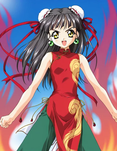 masterpiece, best quality, good quality, <lora:Kounyan_Spiral_NAMI_IS:1>Kounyan, black hair, long hair, double bun, hair bun, bun cover, yellow eyes, ribbon, earrings, flat chest, green jewelry, 2000s \(style\),anime coloring,
red china dress, red ribbon, green pants, aura, outdoor, sky, serious smile, open mouth, fighting_pause, fight style, looking at viewer, cowboy_Shot,