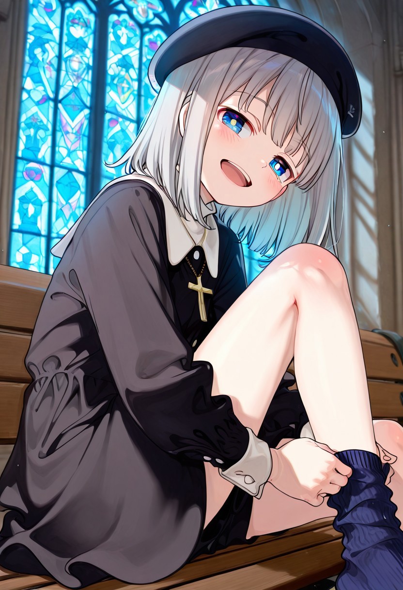 great quality,1girl,solo,almic,(akakura,ogipote,:0.75),(karlyn, pomu \(joynet\) ,pairan:0.9), ,great quality,grey hair, silver hair,straight hair,medium hair,blue eyes,white pupils,(jitome:0.75), black headwear,cross necklace, dressing socks, adjusting legwear,one leg up,,knees up,sitting,sitting on bench,church, stained glass window,dark room, lightrays,from side,black dress,tilt head,leaning forward,open mouth,smile, white collar,looking at viewer,black beret,blurry background, light particles,