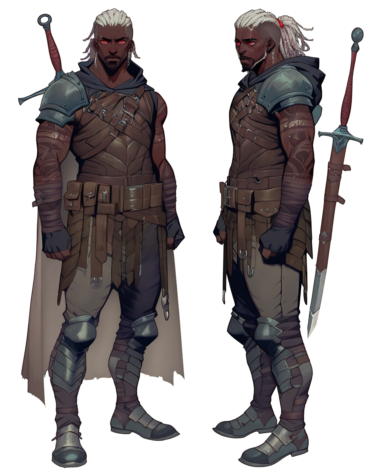reference sheet, multiple views, dreadlocks, medium hair, red eyes, masterpiece, best quality, detailed background, absurdres, 1boy, very dark skin, IllustratedafricanmaleV1.5, dark-skinned male, african male, african,
(CharacterSheet), white hair, goth guy, facial hair, greaves, sword, sheathed, BREAK, leather armor, armor, arm tattoo, tattoo sleeve, pauldron, shoulder armor, hooded cloak, hood down, hip armor, vambraces, utility belt, armlet, (full body, from side, front:1.1), upper body, simple white background, multiple views, full body, upper body,
<lora:SethxZoe:1>, <lora:AfricanHelperV1.5:1>