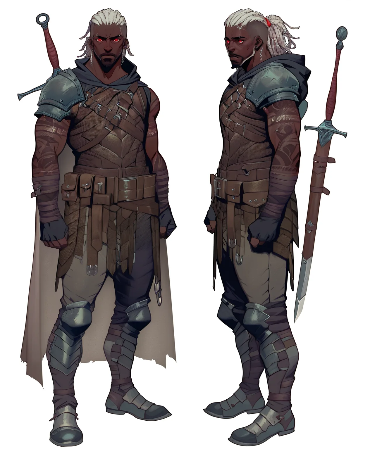reference sheet, multiple views, dreadlocks, medium hair, red eyes, masterpiece, best quality, detailed background, absurdres, 1boy, very dark skin, IllustratedafricanmaleV1.5, dark-skinned male, african male, african,
(CharacterSheet), white hair, goth guy, facial hair, greaves, sword, sheathed, BREAK, leather armor, armor, arm tattoo, tattoo sleeve, pauldron, shoulder armor, hooded cloak, hood down, hip armor, vambraces, utility belt, armlet, (full body, from side, front:1.1), upper body, simple white background, multiple views, full body, upper body,
<lora:SethxZoe:1>, <lora:AfricanHelperV1.5:1>