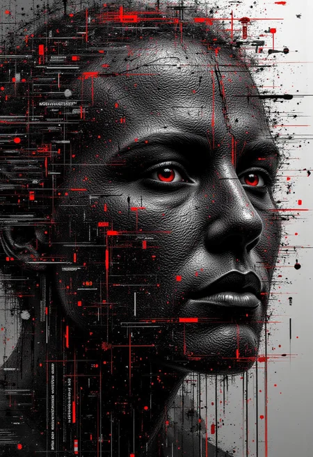 ✪ A chaotic abstract portrait where the face of a mysterious figure is gradually morphing into countless swirling layers of cyber textures, pixel shards, and random symbols (⚙️, ♠, ☯), each layer flickering like an overexposed computer monitor in a malfunctioning dream.
, aidmamj6.1, aidmaHyperrealism, aidmafluxpro1.1