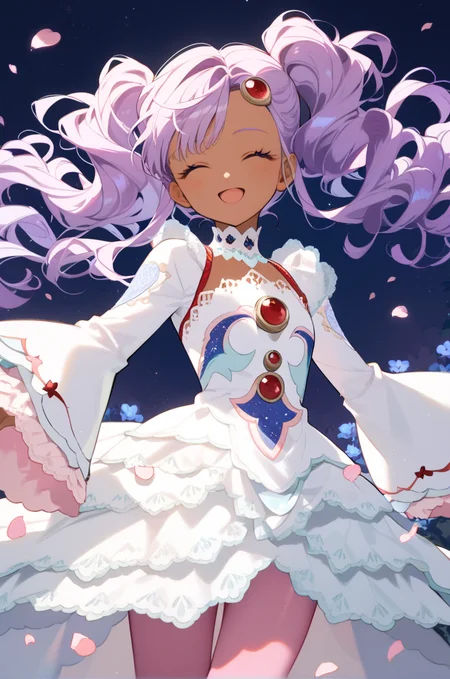 score_9, score_8_up, score_7_up, very aesthetic, source_anime, detailed,
night, flower petals,
cowboy shot, close up,
closed eyes, open smile, looking at viewer,
<lora:meredyC_autismConfetti_v05:1>meredyceles, purple hair, twintails, purple eyes, dark skin, wavy hair, sidelocks, long hair,
white dress, long sleeves, pink pantyhose, (wide sleeves:0.5), layered dress,, zPDXL