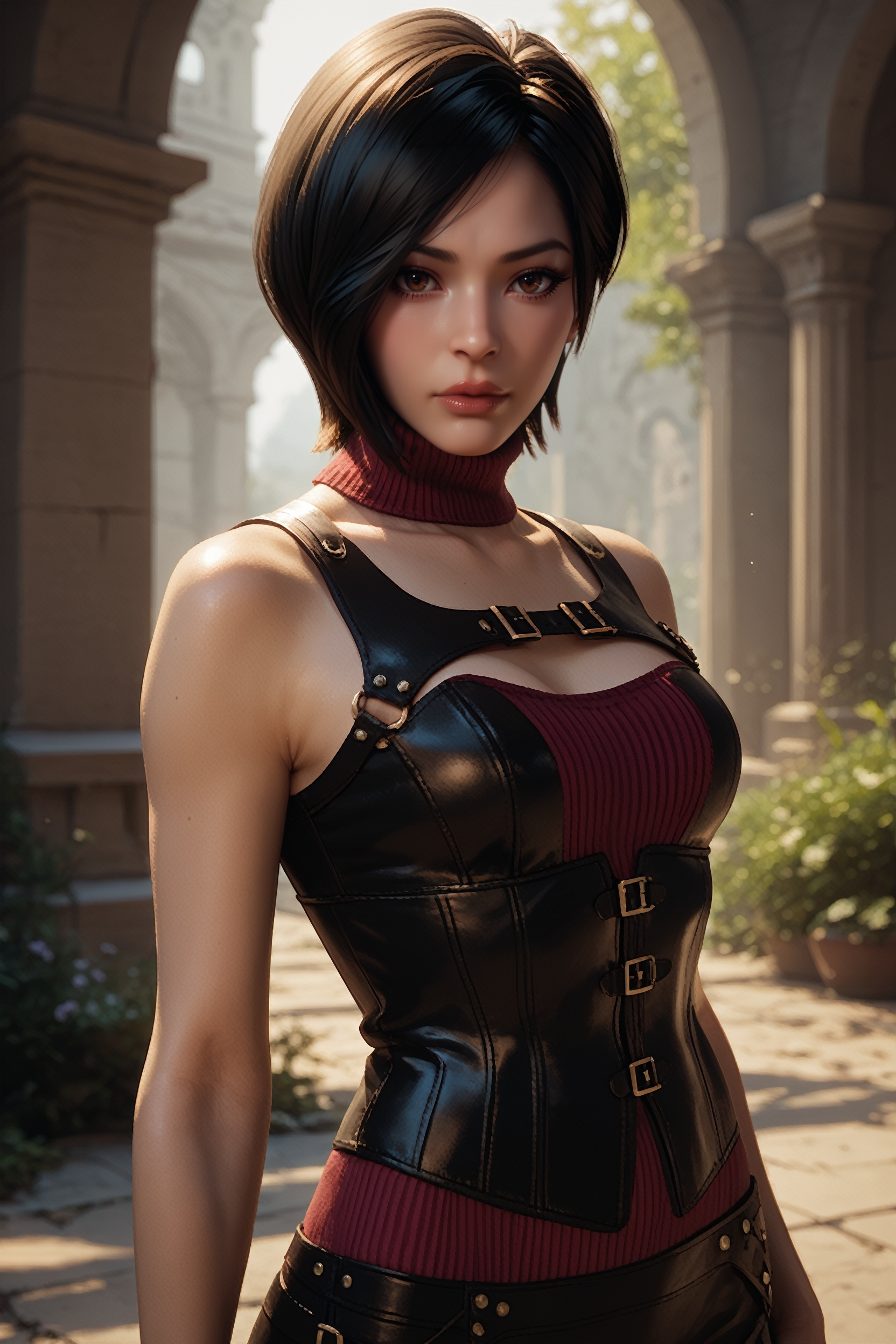 score_9, score_8_up, score_7_up, score_6_up
<lora:RER4Ada:0.8>
RE4Ada, 1girl, black hair, short hair, brown eyes, looking at viewer,Leather corset, cowboy shot