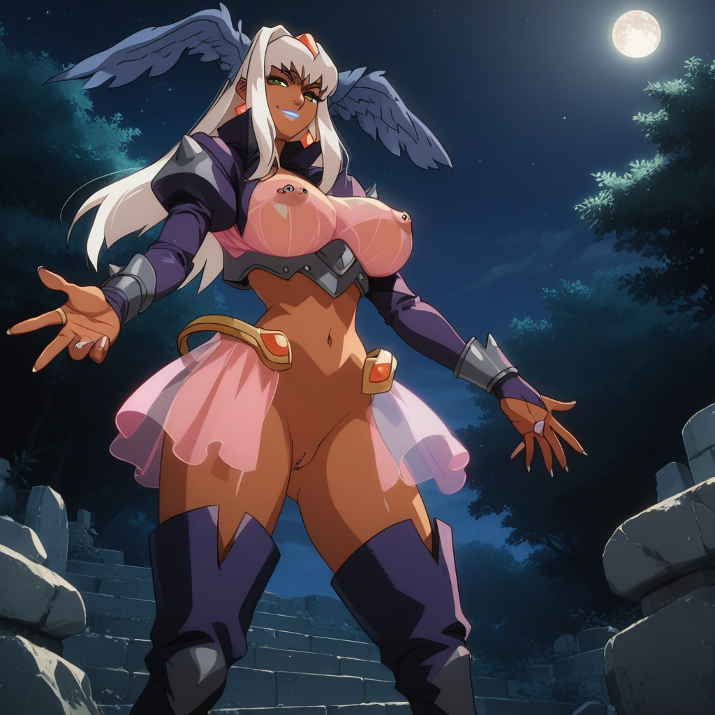retro_artstyle, 4ng3lBl4de_styl3, 2000s_(style), score_9, score_8_up, score_7_up, score_6_up, uncensored, BREAK, Nailkaiser is showing V sign, outstretched arm, cowboy shot, dark-skinned female, 1girl, looking at viewer, seductive smile, half-closed eyes, white hair, long hair, head wings, white lipstick, green eyes, earrings, crop top, naked armor, bridal gauntlets, pink see-through, thigh boots, large breasts, nipple piercing, pussy, light areola, nipples, outdoors, full moon, night sky, complex background,