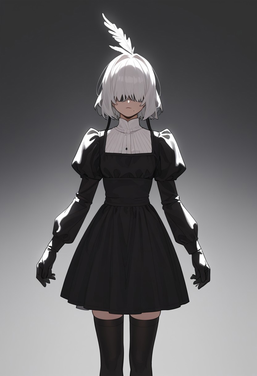 masterpiece, best quality, white blindfold, covered eyes, mole under mouth, clothing cutout, long sleeves, puffy sleeves, juliet sleeves, feather trim, black thighhighs, black gloves, black dress, black skirt,  <lora:Abbystea_Style_LoRA_XL:1>, abbystea style