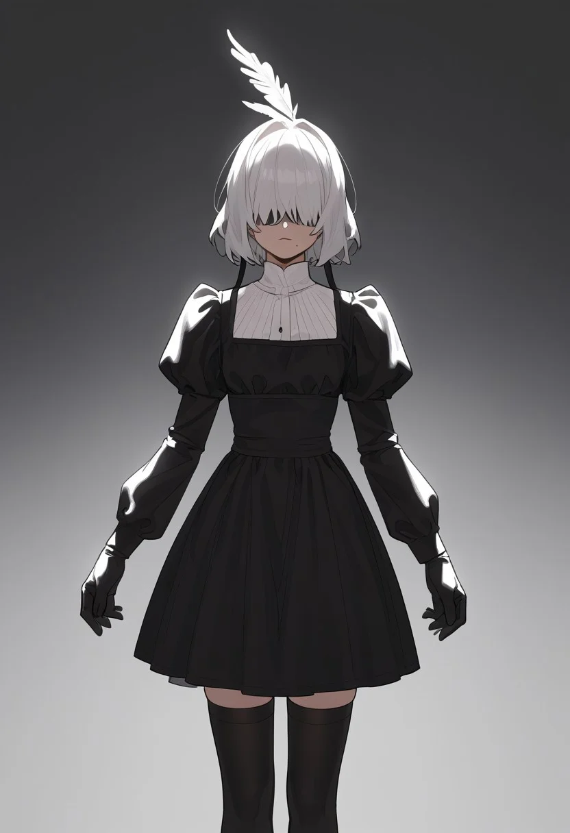 masterpiece, best quality, white blindfold, covered eyes, mole under mouth, clothing cutout, long sleeves, puffy sleeves, juliet sleeves, feather trim, black thighhighs, black gloves, black dress, black skirt,  <lora:Abbystea_Style_LoRA_XL:1>, abbystea style