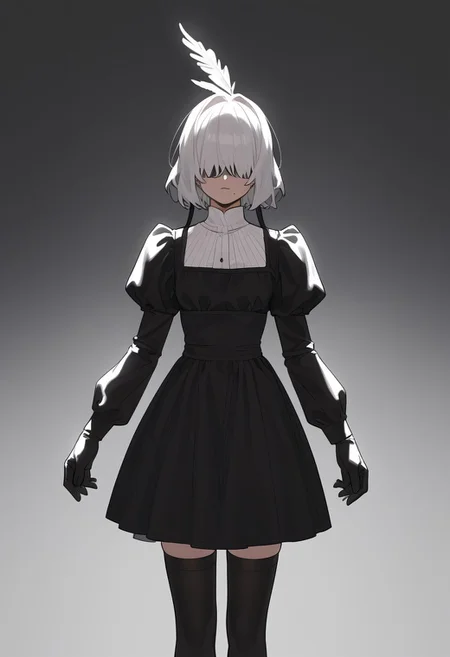 masterpiece, best quality, white blindfold, covered eyes, mole under mouth, clothing cutout, long sleeves, puffy sleeves, juliet sleeves, feather trim, black thighhighs, black gloves, black dress, black skirt,  <lora:Abbystea_Style_LoRA_XL:1>, abbystea style