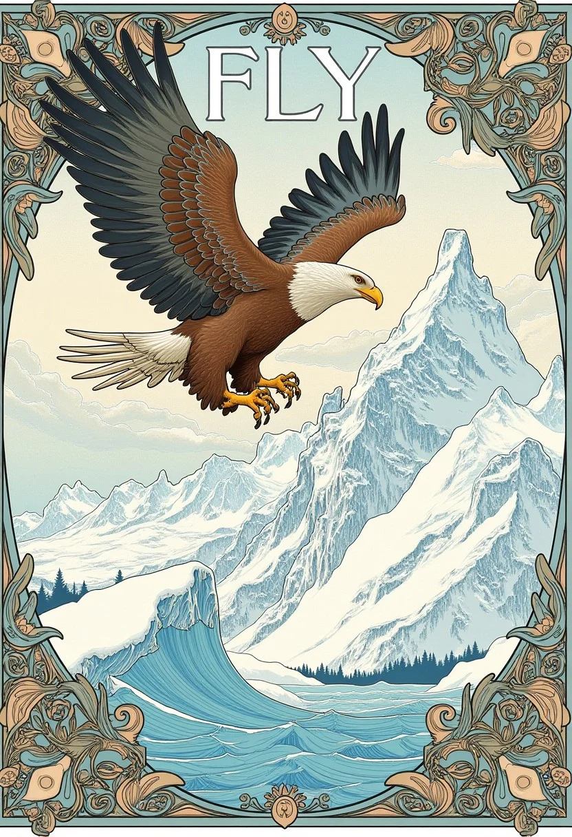 Majestic eagle soaring over snow-capped mountains, poster with the text “FLY”, visual flourishes of swirling wind and clouds, illustration in the style of ARTNV