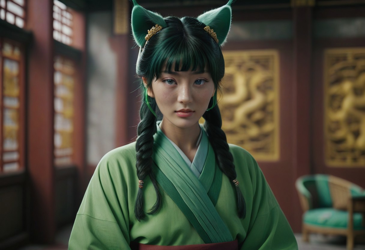 masterpiece, best quality, 8k, amazing quality, photorealistic, scinematic, Volumetric lighting, depth of field, wide angle, cinematic, realistic. 1girl, solo, <lora:Mao Mao:1> ma0ma0_default, green hair, long hair, blunt bangs, hair ornament, twintails, blue eyes, freckles, hair over shoulders, multi-tied hair, half updo, chinese clothes,green hanfu, wide sleeves, long sleeves, looking at viewer, cat ears, animal ear fluff, excited