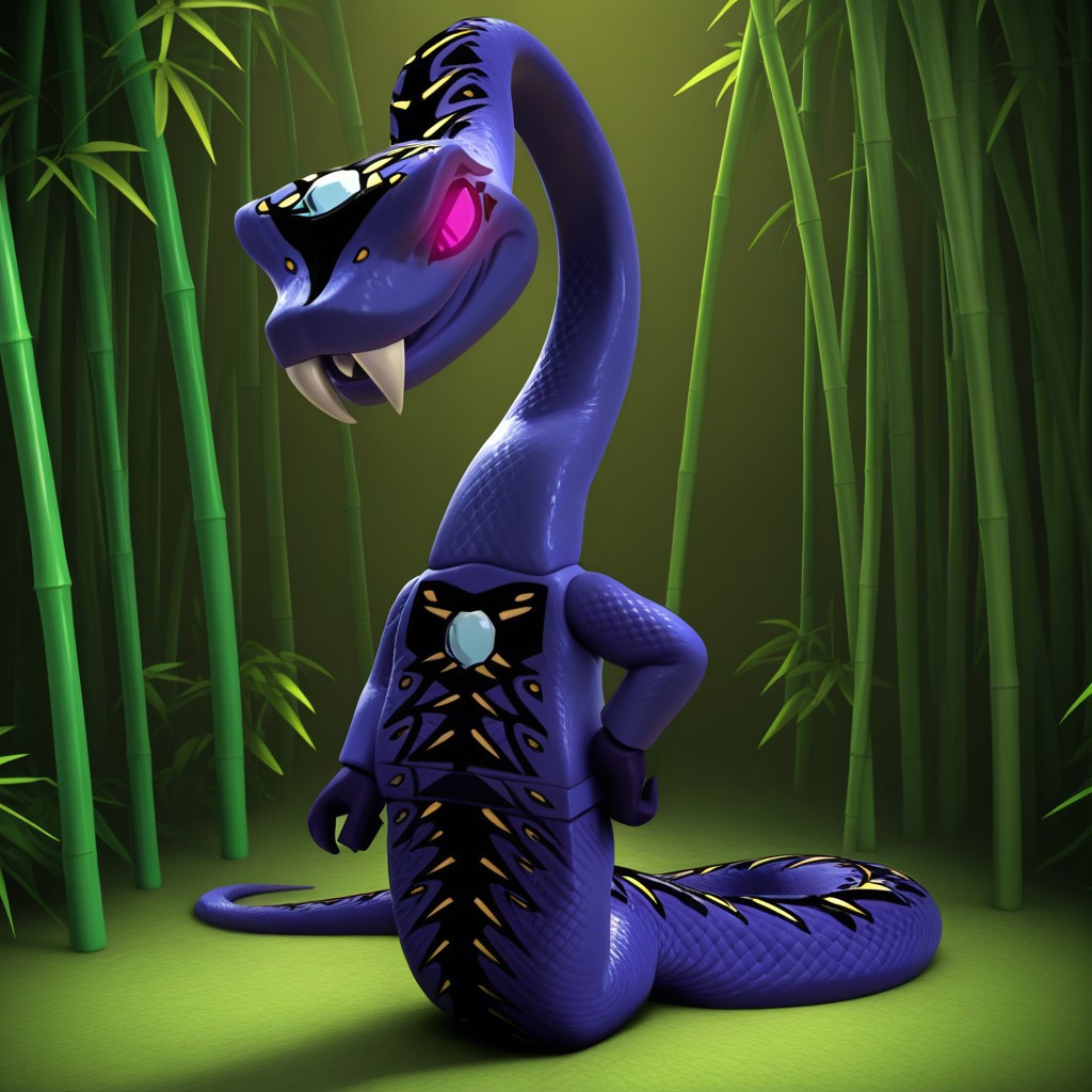 Pythor_P_Chumsworth, serpentine, snake, snake tail, long tail, no legs, apode, purple scales, light blue gem on head, light blue gem on chest, long neck, black and yellow body markings, intricate body markings, head markings, belly markings, tail markings, pointed teeth, 2 large fangs, glowing eyes, hot pink sclera, black pupils, black eyeshadow, dark purple hands, fangs, solo, male, 1boy, no humans, 3D, volumetric lighting, perfect lighting, detailed scales, shiny scales, masterpiece, best quality, amazing quality, very aesthetic, absurdres, newest, high quality, full body, hand on hip, unamused, half lidded eyes, annoyed, looking at viewer, bamboo jungle, close up, bust, photo