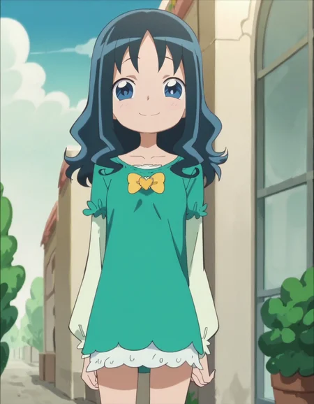 score_9, score_8_up, score_7_up, anime screencap, solo,1girl,kurumierika,heart brooch, green shirt,white sleeves,jewelry,smile,yellow bow,cowboy shot,small breasts,<lora:kurumierika:0.8>