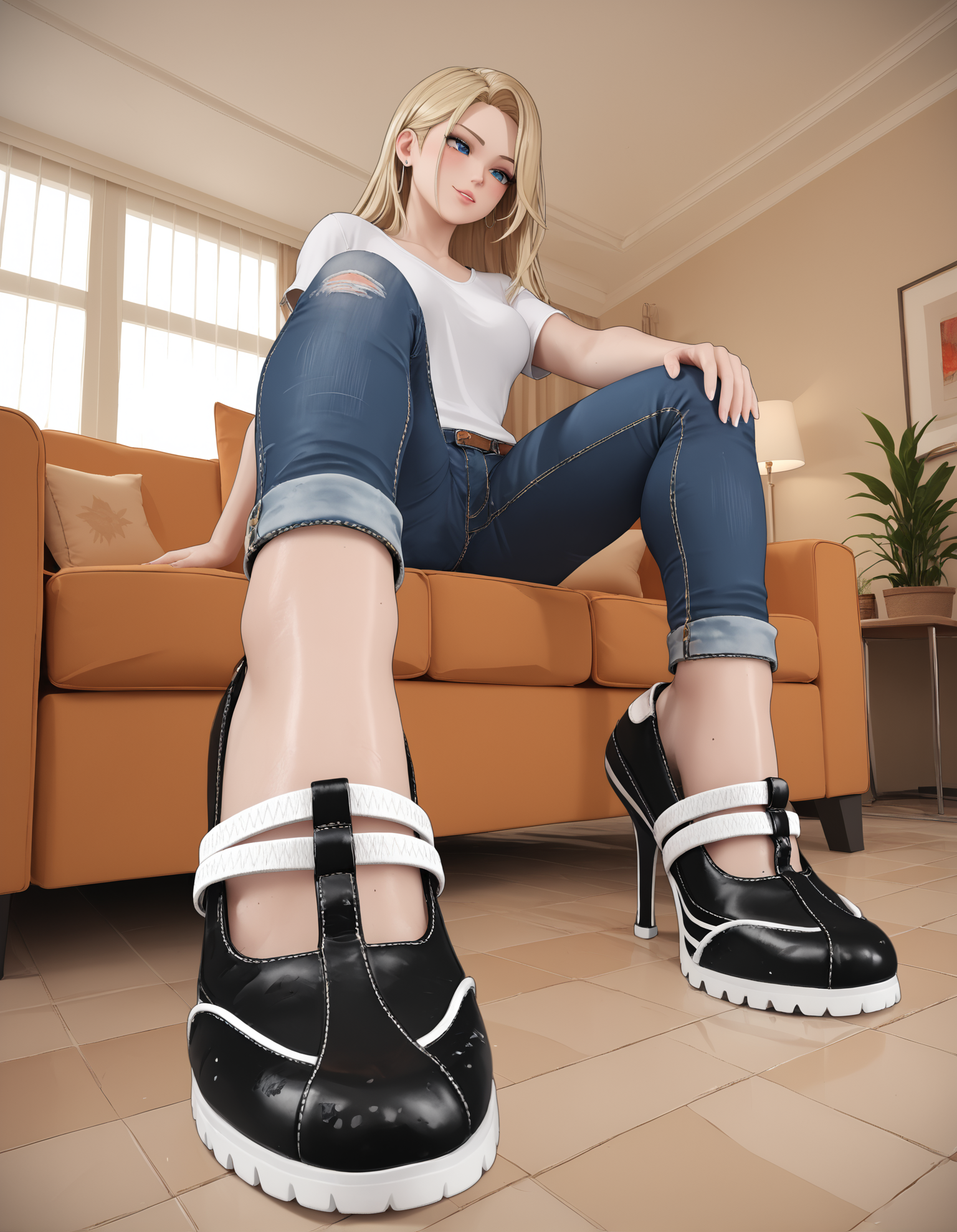 1girl, blonde hair,
jeans,
sitting, sofa,
sp0rty heels, low angle,
embedding:zPDXL2 ,