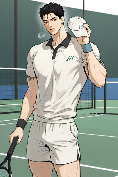 <lora:jaekyung-IL:0.8>,jaekyung,black hair,black eyes,arm tattoo,tennis_uniform,standing,holding hat,looking at viewer,sweat,tennis court,cowboy shot,1boy,solo,yaoi,bara,male focus,masterpiece,best quality,amazing quality,nsfw,uncersored,highres,best quality,amazing quality,best aesthetic,absurdres,