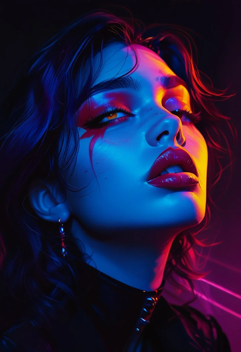 score_9, score_8_up, score_8, score_9, solo,1girl, ethereal_makeup, make-up, Close-up of a woman with perfect makeup, in a dark room with a single beam of neon light, the vivid colors of pink and purple illuminating her face in an artistic way, creating a striking contrast with the darkness around her, making her makeup appear even more dramatic., s1_dram