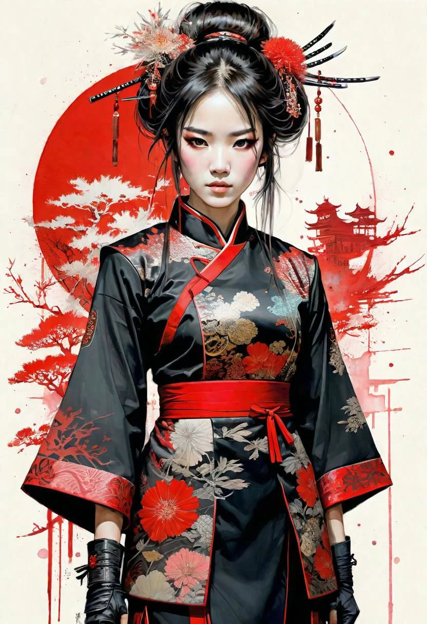 highly detailed linework reminiscent of Carne Griffiths, imbued with Wadim Kashim's bold color and texture, light and airy as Carl Larsson's compositions, masked samurai. wearing knee-hight boots, eye liner, beautiful chinese black short qipao, qipao, red highlights. dark fantasy, featuring Pascal Blanche-style hyper-realistic characters, pastel, elegance, dramatic lighting, expressive camera angle, matte, concept art