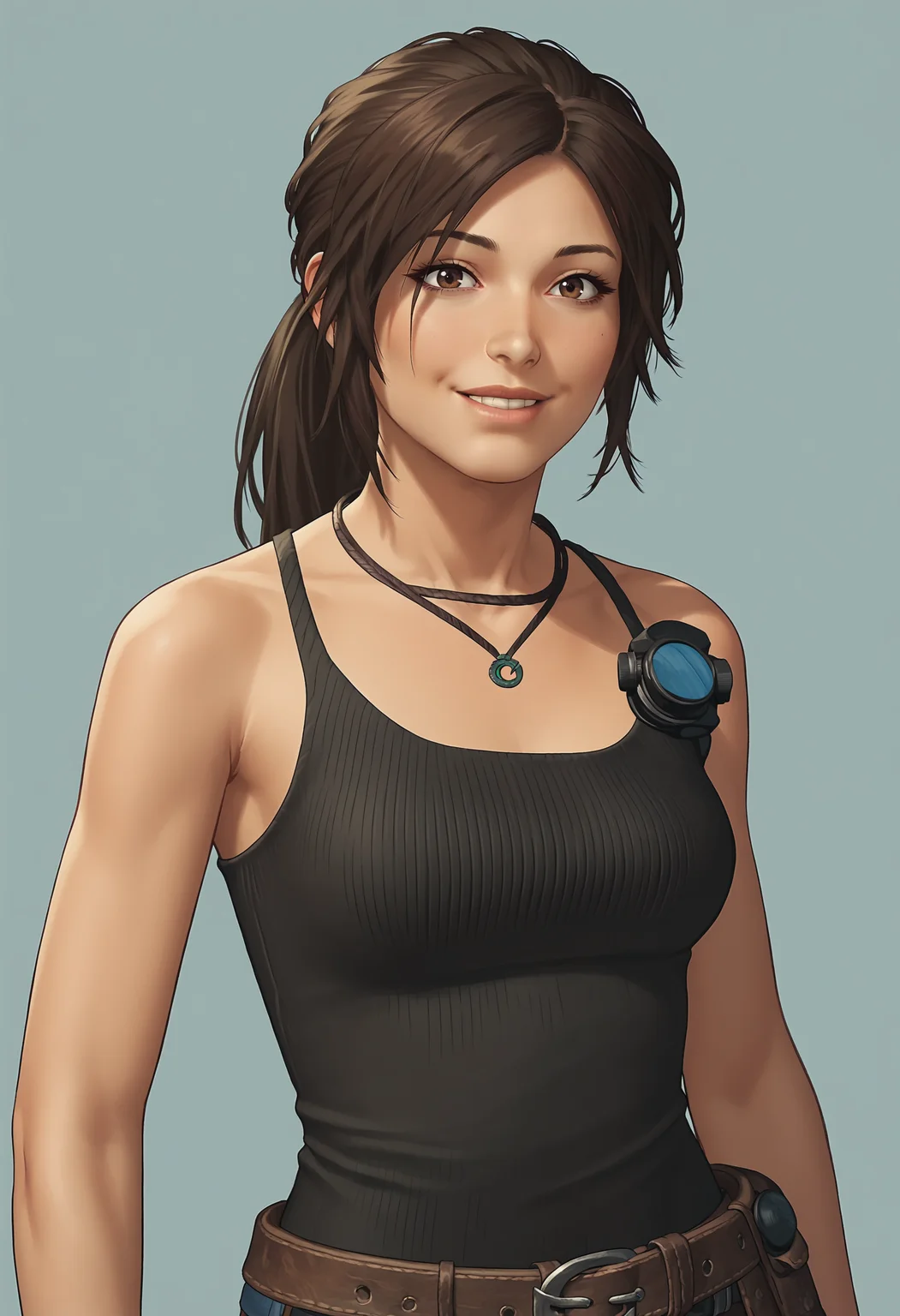 score_9, score_8_up, score_7_up, score_6_up, score_5_up, score_4_up, 1girl, <lora:LaraCroftTanktop:0.85> solo, medium breasts, brown hair, brown eyes, ponytail, lips, jewelry, necklace, tank top, pants, belt, bare shoulders, upper body, smile, looking at viewer,
light blue background, simple background,