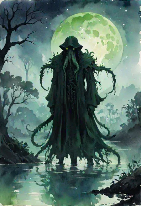 Cthulhu, green vapor, eldritch, eerie moon, swamp, by Lois van Baarle and Victor Nizovtsev in the style of Thomas Saliot and Bess Hamiti, silhouette <lora:silhouette:3.00> <lora:watercolor_v1_sdxl:0.90>