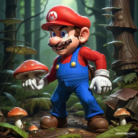 mario holding a mushroom,cartoon art by llbreton
