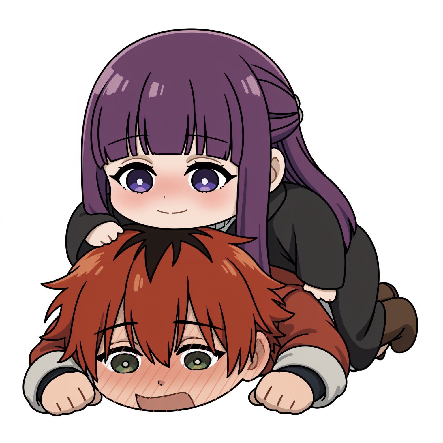 stbpy, blush, smile, simple background, 1girl, 1boy, chibi, open mouth, full-face blush, closed mouth, sitting on person, white background, stark \(sousou no frieren\), fern \(sousou no frieren\), <lora:so_true_besties_peg_you-14-NOOB-EPS.1.1:1.3>