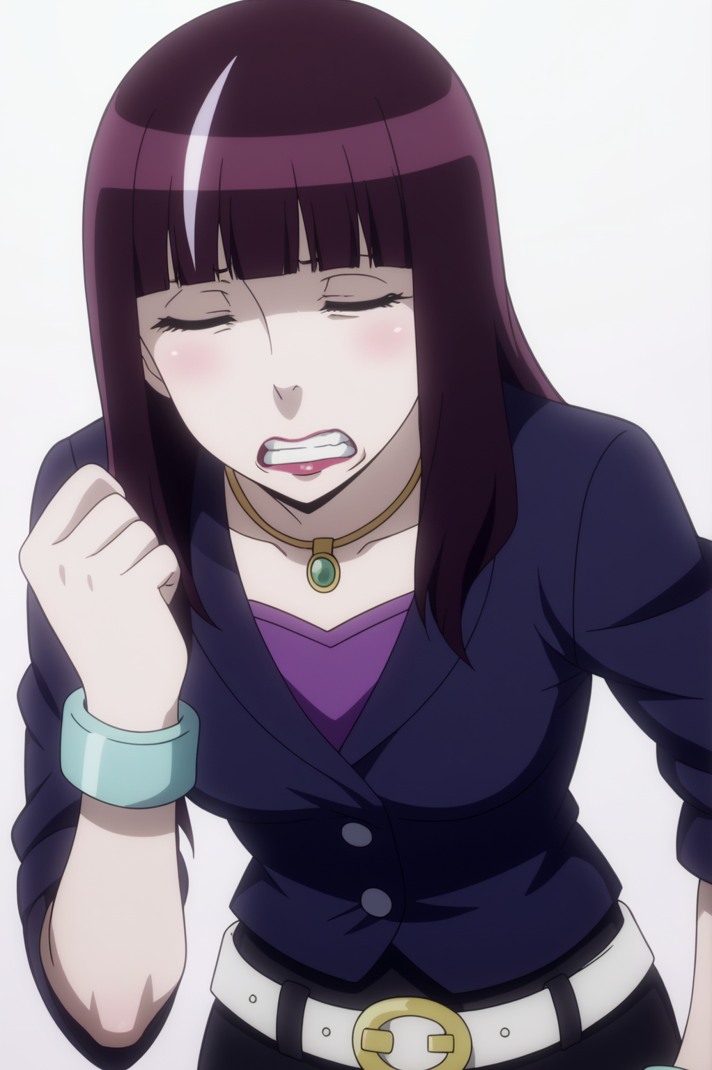 <lora:Chiyuki:0.8>, white background,  Chiyuki, belt, pale skin, clenched teeth, closed eyes, yawning, lipstick, bracelet, watch