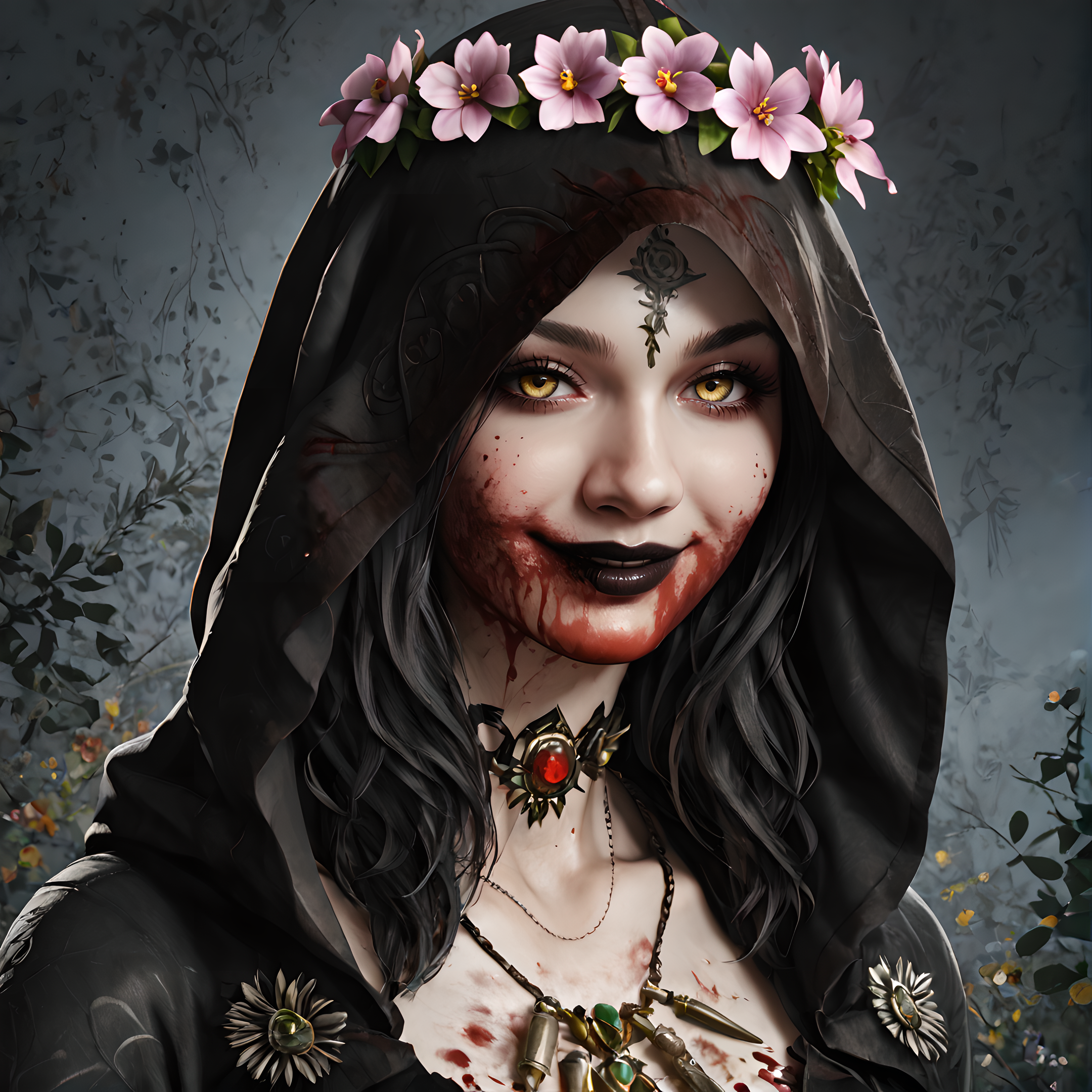 cassandra, 1girl, solo, hood, jewelry, blood, black hair, necklace, long hair, looking at viewer, hood up, yellow eyes, blood on face, black lips, <lora:Cassandra_Dimitrescu_-_Resident_Evil_Village:0.9>
BREAK
level_9, level_8_up, level_7_up, level_6_up, level_5_up, source_cartoon, masterpiece
BREAK
flower wreath, gentle smile, castle background, soft expression,