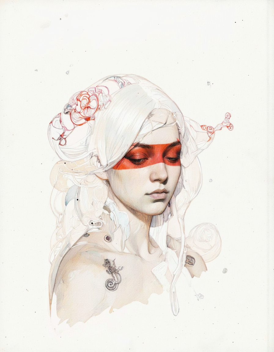 By Raphael Vicenzi. This image is a digital drawing in a semi-realistic, illustrative style. It features a close-up portrait of a person with a striking, expressive face. The individual has a light complexion with subtle shading that gives depth to the features. Their hair is voluminous and white, cascading down over their shoulder and partially covering their face, adding a dynamic and flowing texture. The person's eyes are closed, and their expression is contemplative and serene.
The most notable feature is the bold, red makeup on the person's face, covering their eyelids and extending down to their cheeks, creating a dramatic contrast against their pale skin. This makeup adds a striking, almost tribal or artistic flair to the portrait. 
On the person's shoulder is a small, intricate tattoo of a spiral design, adding a subtle element of personal expression. The background is plain white, which keeps the focus entirely on the subject. The lines are clean and precise, with a minimalistic approach to shading and color, enhancing the artistic and modern feel of the drawing. The overall composition is balanced and elegant, capturing a sense of mystery and introspection. <lora:Raphael_Vicenzi:0.9> <lora:Steve_McDonald:0.8>