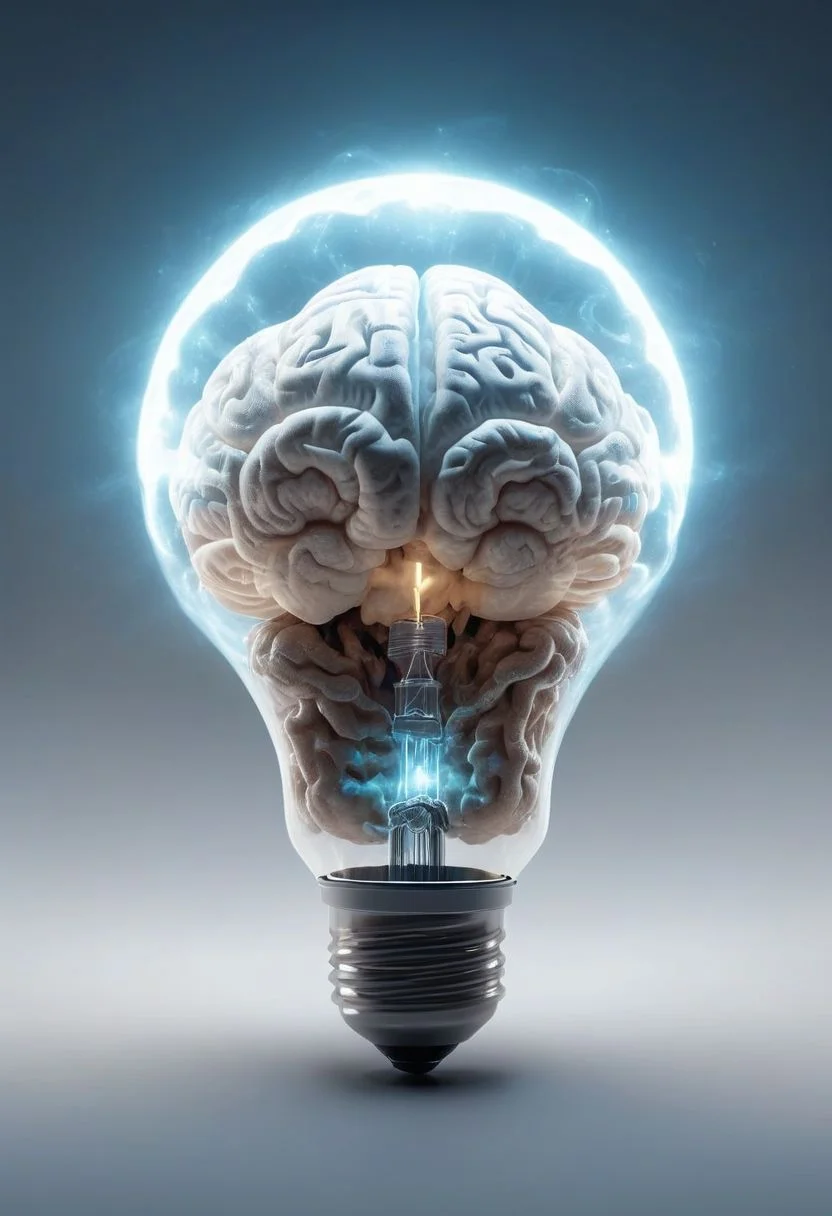 (best quality, 4k, 8k, highres, masterpiece:1.2), ultra-detailed ,illustration, a light bulb with a brain inside of it and the mystical energy comes out and radiates light around
