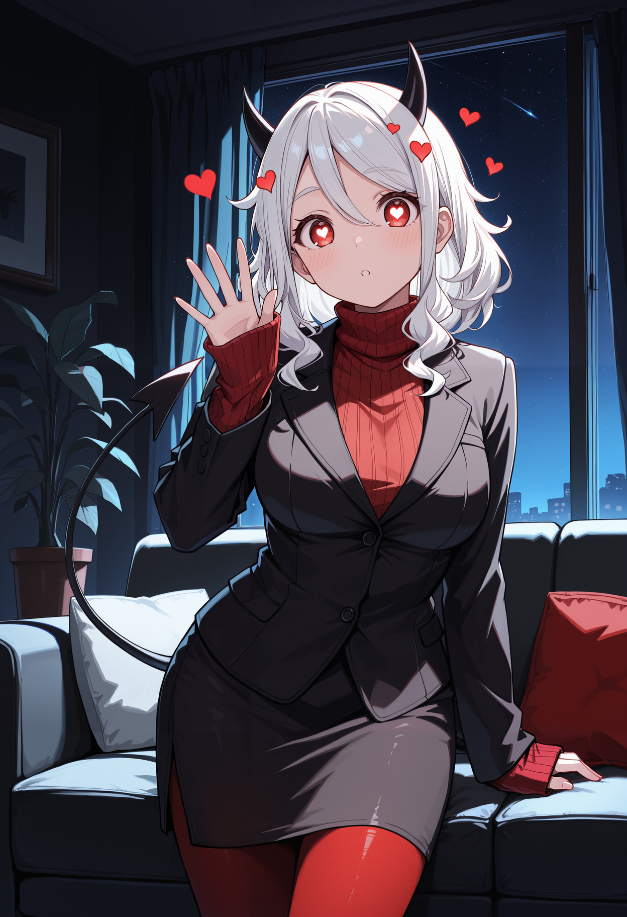 masterpiece, best quality, 1girl, solo, mod3us, medium hair, white hair, hair between eyes, black horns, demon horns, , indoors, couch, waving, hand up, red eyes, heart-shaped pupils, demon tail, black suit, black jacket, long sleeves, red sweater, ribbed sweater, turtleneck sweater, black skirt, pencil skirt, red pantyhose, sleeves past wrists, living room, window, curtains, cushion, potted plant, night, starry sky, looking at viewer, dark theme, dim lighting, dark background, dark room, backlighting, arm at side