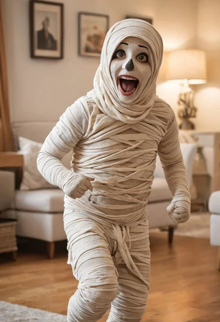 masterpiece, highest quality, comical Illustration, an adorable funny mummy, wearing a complete mummy costume, exaggerated friendly, laughing, running towards viewer, bokeh, living room