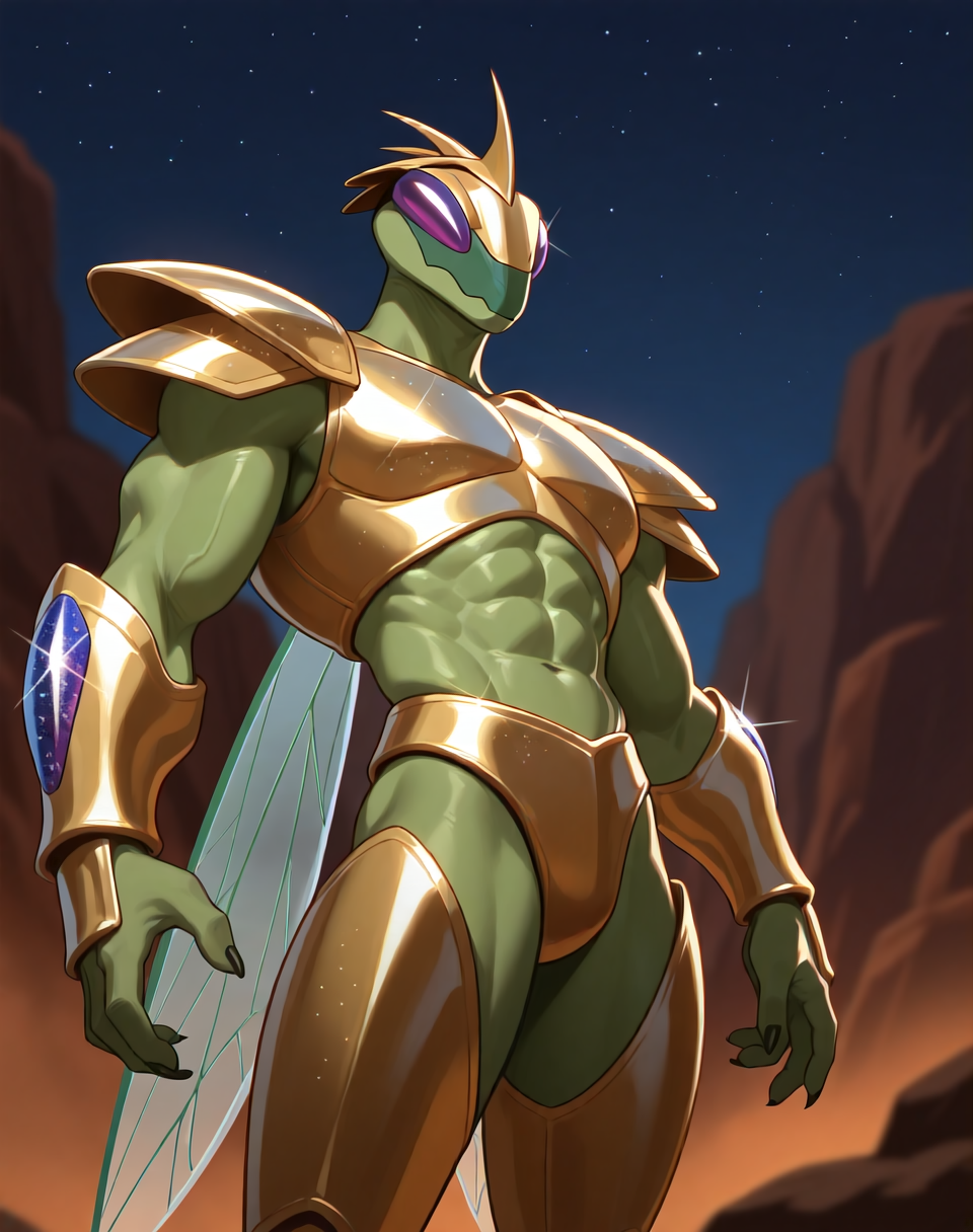 <lora:Hyper_Katris_(Shinzo)_(Illustrious)_(AD):1> Hyper Katris, mantis, Shinzo, 
((
exterior, anime night sky, anime mountains, bent leg, cowboy shot, 
dynamic action, insect anthro, male focus, strong warrior, manly, bounty hunter, villain, gold armor, green body, manly, masculine, glitter armor, handsome, dashing good looks, smirk, 
)),
BREAK: very awe, aesthetically pleasing, masterpiece, best quality, amazing quality, very aesthetic, perfect depth of field shot, gradient coloring, subsurface reflections, source_furry, furry_art, 
masterpiece, best quality, amazing quality, very aesthetic, high resolution, ultra-detailed, absurdres, newest, scenery, {Prompt}, BREAK, detailed background, volumetric lighting,
BREAK: lazympos, lazypos (3),